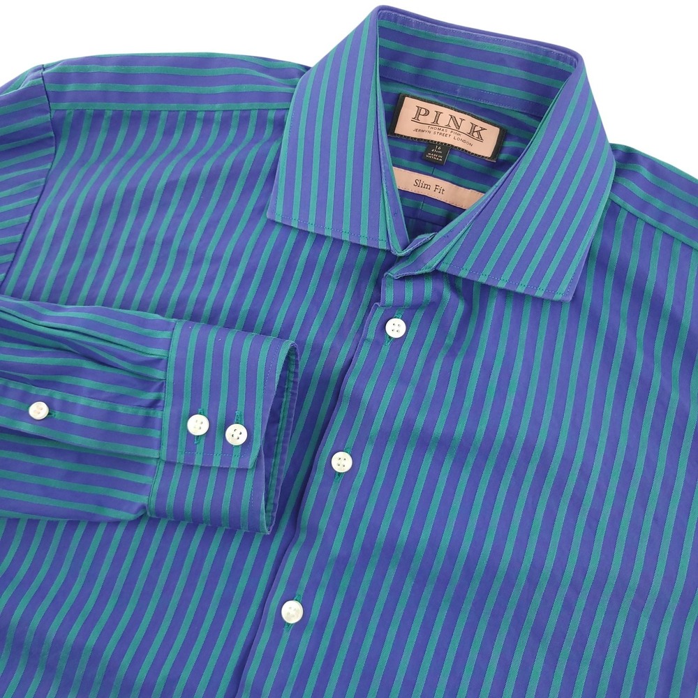 Thomas Pink Dress Shirt Mens 16 Blue Stripe‎ Slim Fit Cotton Long Sleeve